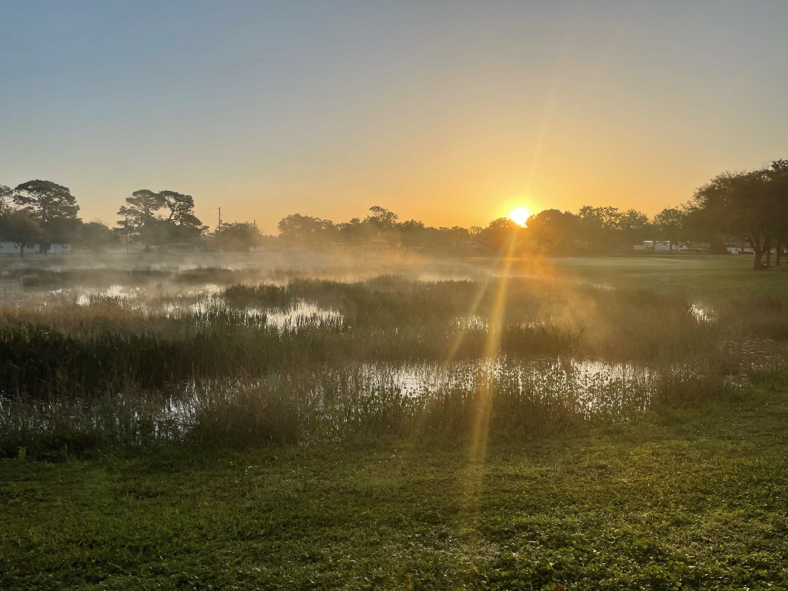 sunrise and fog over pond at Pine Lake Retreat